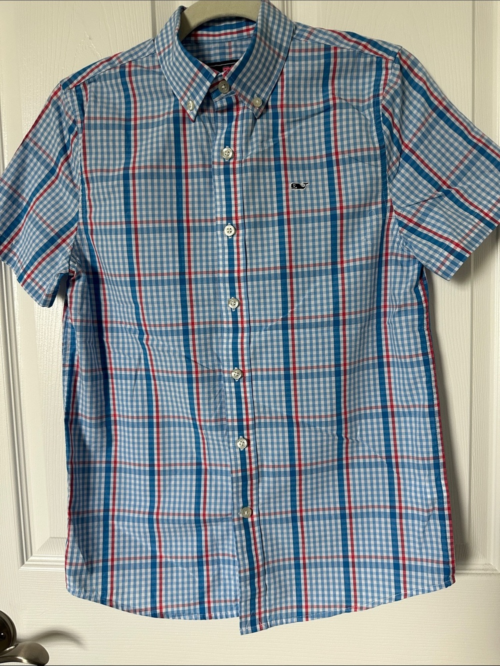 Boy’s Vineyard Vines Short-Sleeve Blue Plaid Button-Down Shirt